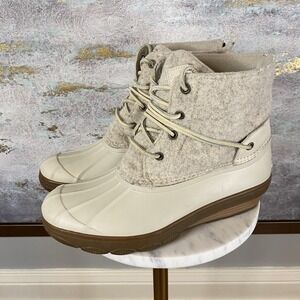 Sperry Snow Boots Womens Size 8 Beige Wool Duck Ankle Wedge Quarter STS80396